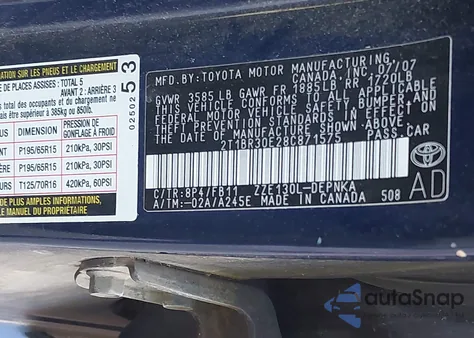 2008 Toyota Corolla Le from USA, damaged, VIN 2T1BR30E28C871575